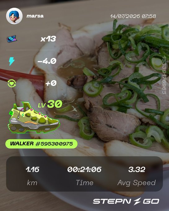 A STEPN GO app screenshot shows a workout summary for user 'marsa' with a 'WALKER' sneaker (Level 30, #595300975), 1.16 km in 21:06, with a background image of a noodle dish topped with pork and green onions.