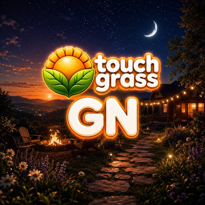The image features a nighttime scene with a house, trees, and a fire pit surrounded by flowers. The text "gn" appears multiple times throughout the image, possibly indicating that this is a game or an event related to Touch Grass Gn. The focus of the image seems to be on the night sky and the outdoor setting, creating a sense of relaxation and enjoyment in the atmosphere.