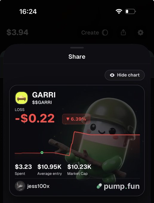 A screenshot of a pump.fun trading interface shows a loss on the GARRI ($GARRI) token of -$0.22 (-6.39%), with the user having spent $3.23 at an average entry of $10.95K, mocking the call to buy and hold as the trade has dipped into red.