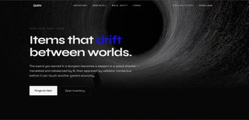 A website screenshot with a dark cosmic background, featuring the headline 'Items that drift between worlds.' and subtext about mochi transformed into a space shuttle.