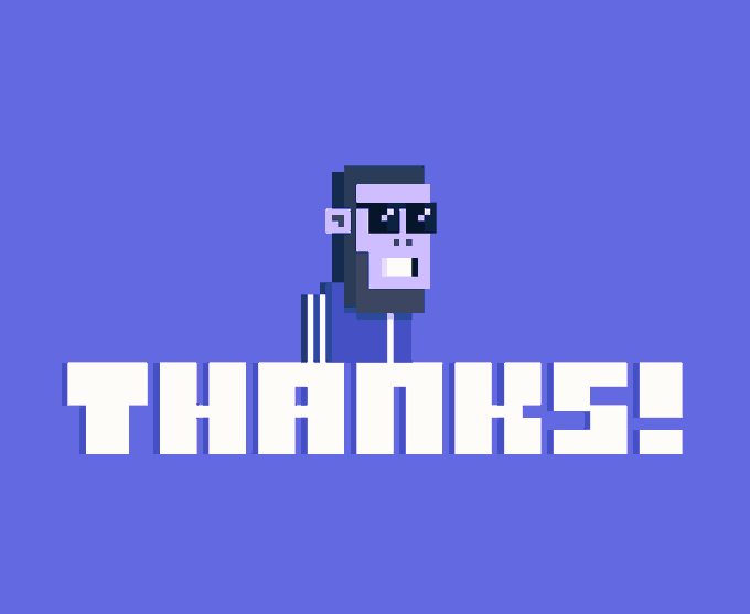A pixel art gorilla with sunglasses stands above the bold white text "THANKS!" against a purple background, serving as a celebratory graphic to acknowledge the community that supported the complete airdrop of 303 Zcash and 300 Ordinals "Bitfoot" NFT collections.