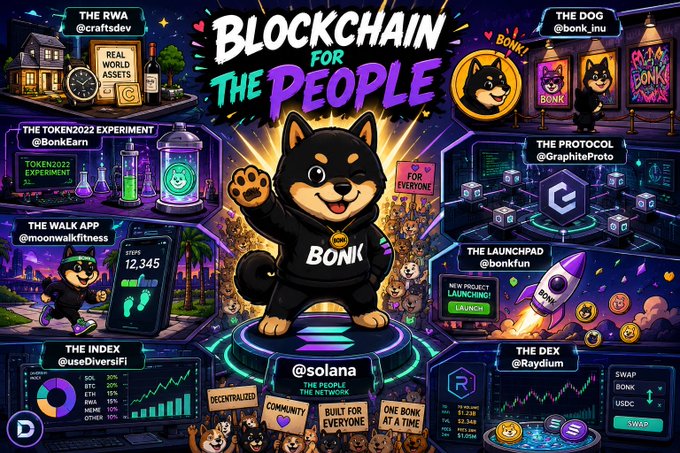 The image features a vibrant poster or infographic that showcases a cartoon dog dressed as a Bitcoin enthusiast wearing a "Boot" t-shirt, with the text "Blockchain for the people" written above it. The design also includes a map of Bitcoin transactions depicted in purple and green hues, with text overlayed around them indicating they are related to the blockchain or cryptocurrency theme. The entire image is framed within an engaging visual that invites viewers to learn more about Blockchain technology through its cartoon characters' journey.
