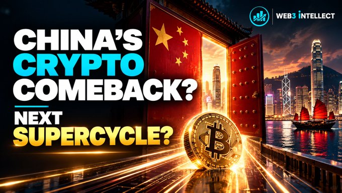 A vibrant banner-style graphic showing a Bitcoin coin set against a traditional Chinese gate with a Hong Kong skyline backdrop, overlaid with bold text reading "CHINA'S CRYPTO COMEBACK? NEXT SUPERCYCLE?" and the "Web3 Intellect" logo, visually accompanying commentary by Joseph Chee on China potentially catalyzing crypto's next bull market.