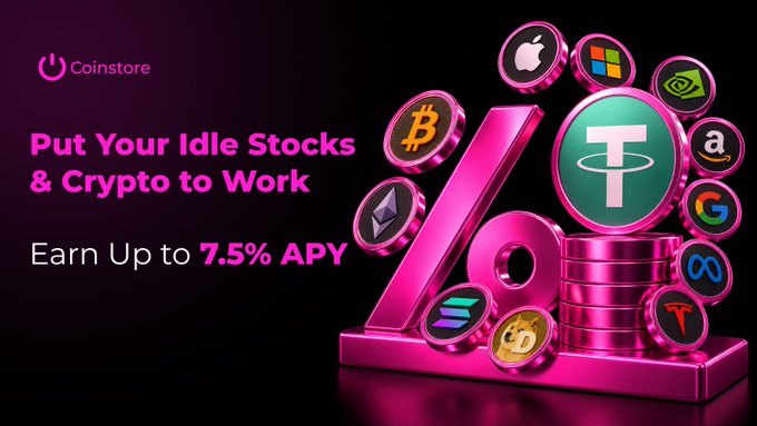 A Coinstore promotional graphic featuring a large pink "7.5%" rendered in 3D alongside stacked coins and logos for Bitcoin, Ethereum, Tether, Apple, Microsoft, NVIDIA, Amazon, Google, Meta, and Solana, with text reading "Put Your Idle Stocks & Crypto to Work — Earn Up to 7.5% APY," visually reinforcing the post's message about earning yield on held assets through Coinstore Earn.