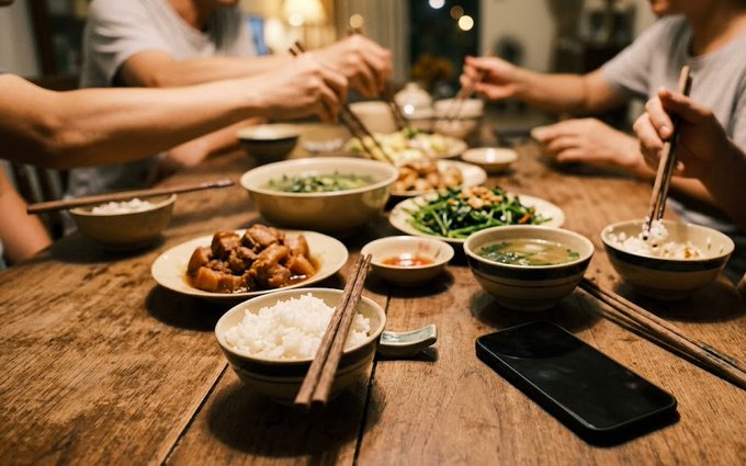 Multiple people share a meal at a wooden table laden with various Asian dishes, including rice bowls, greens, and braised meat, using chopsticks.