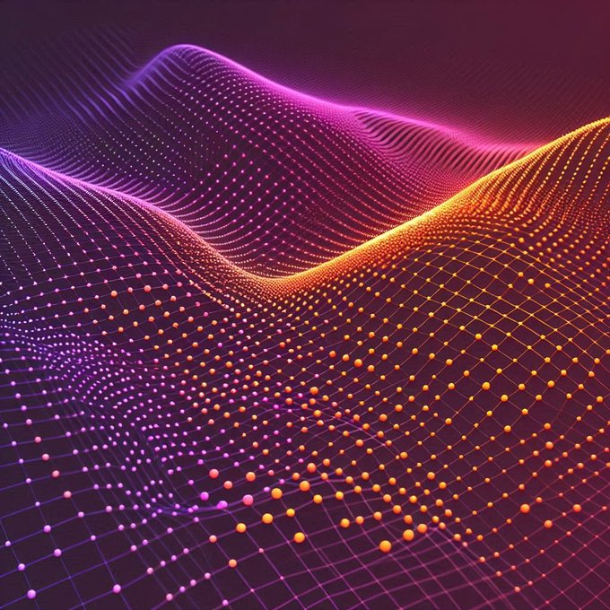 An abstract digital artwork depicting a flowing wave-like mesh of glowing dots in purple, pink, and orange gradient colors on a dark background.