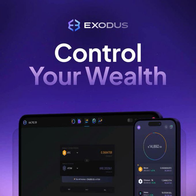 A promotional graphic for 'EXODUS' cryptocurrency wallet featuring the text 'Control Your Wealth' on a purple background, displaying the app on a tablet and smartphone showing Bitcoin and Ethereum balances.
