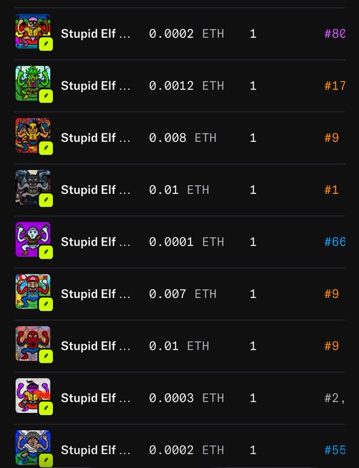A marketplace listing showing multiple 'Stupid Elf' NFT items priced in ETH, with prices ranging from 0.0001 ETH to 0.01 ETH.