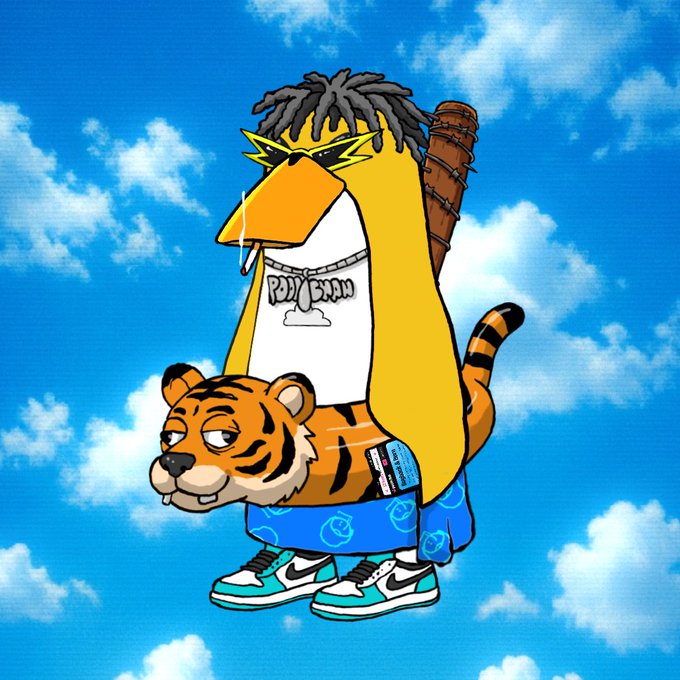 A cartoon illustration of a bird-like character with dreadlocks wearing a "POOPY DIAN" shirt and holding a tiger ring pop against a blue sky.