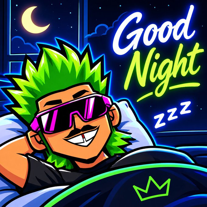 A digital illustration shows a smiling figure with green spiky hair and pink futuristic goggles lying in bed, with the text 'Good Night' and 'zzz' visible.