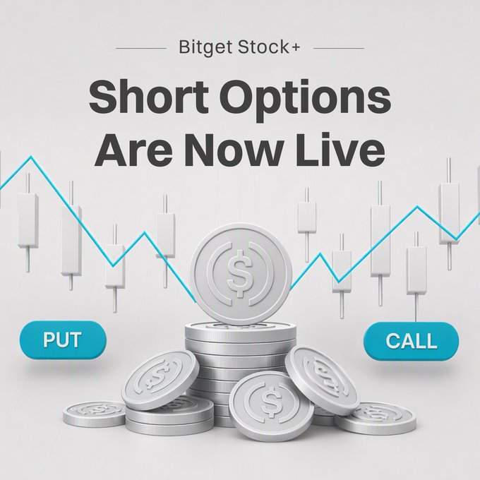 A Bitget Stock+ promotional graphic announces "Short Options Are Now Live," featuring a stack of coins, candlestick chart patterns, and "PUT" and "CALL" buttons that visually reinforce the post's announcement of newly available Short Calls and Short Puts options.