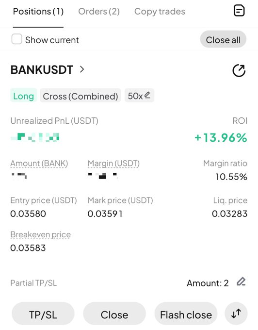 A cryptocurrency trading interface showing a 'Long' position for BANKUSDT with 50x leverage, displaying an unrealized PnL of +13.96% ROI, an entry price of 0.03580, and a mark price of 0.03591.