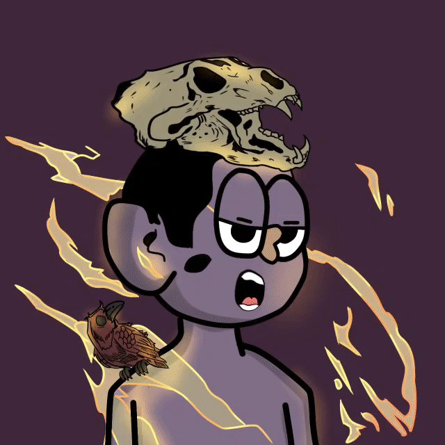 A cartoon illustration shows a surprised-looking gray character with a reptilian dinosaur skull perched on its head, an owl resting on its shoulder, and glowing yellow energy crackling around it, serving as a teaser for the hand-drawn "BinkyNFT" PFP collection giveaway.