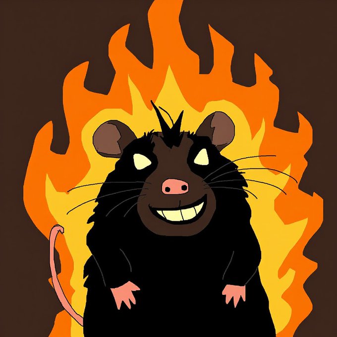 A cartoon black rat with menacing yellow eyes and a sly grin stands dramatically in front of bright orange and yellow flames, with no visible text. The meme-style image riffs on Robinhood Crypto's "Ratinhood" branding, celebrating the "art" of the community's playful, chaotic crypto culture.