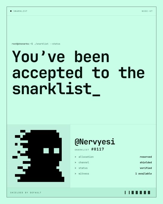 A digital 'snarklist_' acceptance certificate designed like a terminal interface, addressed to '@Nervyesi' with status showing 'channel shielded' and 'status verified'.