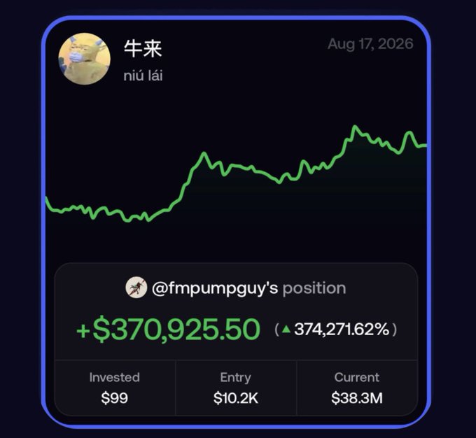 A trading app card shows a token called "牛来 (niú lái)" dated Aug 17, 2026, with a green price chart trending upward and a position by @fmpumpguy displaying a +$370,925.50 gain (▲374,271.62%), reflecting the post's claim of turning a $99 investment into $370K.