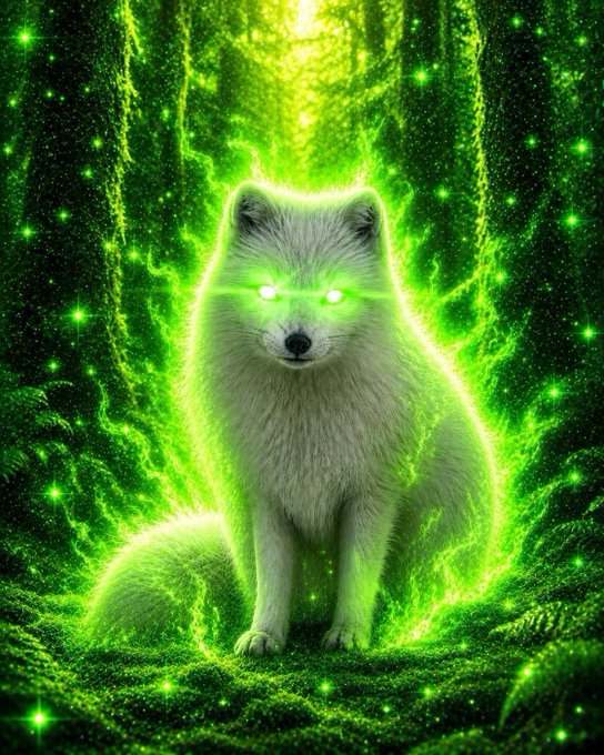 A glowing white fox with piercing green eyes radiates mystical energy amid a swirling forest of emerald light, symbolizing the bullish momentum the post predicts for Ethereum and Bitcoin's sharp upward price surge starting October 17.