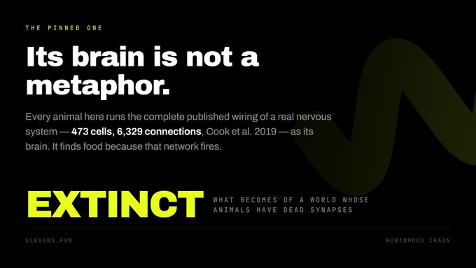 A promotional graphic for "EXTINCT: What becomes of a world whose animals have dead synapses," tagged as "THE PINNED ONE" on the ROBINHOOD CHAIN via elegans.fun. The design features bold yellow and white text on a black background, explaining that each animal runs the complete published wiring of a real nervous system — 473 cells and 6,329 connections from the C. elegans connectome (Cook et al. 2019) — as its functioning brain, reinforcing the post's premise that these are animals with real, firing neural networks minted on-chain.
