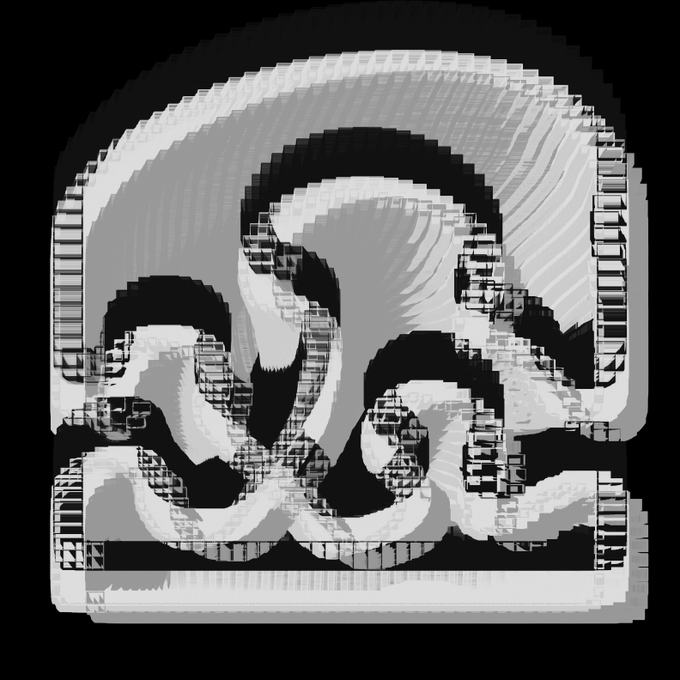 A distorted black and white 3D-rendered abstract shape with looping, tunnel-like structures and pixelated, glitchy textures.