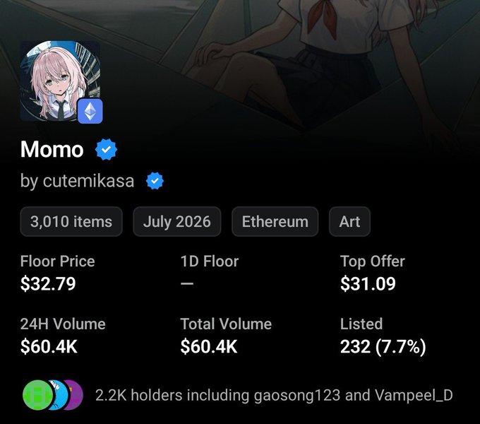 An NFT collection page for 'Momo' by cutemikasa on Ethereum, showing 3,010 items, a floor price of $32.79, 24H volume of $60.4K, and 2.2K holders.