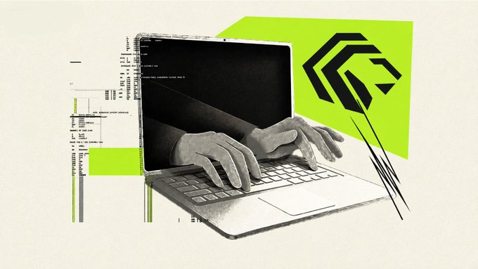 Stylized illustration of hands typing on a laptop with a green geometric logo and code patterns.