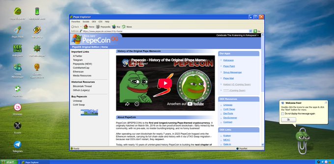 A screenshot of the classic Windows XP 'Bliss' desktop showing an open 'Pepe Explorer' browser window displaying the PepeCoin cryptocurrency website.