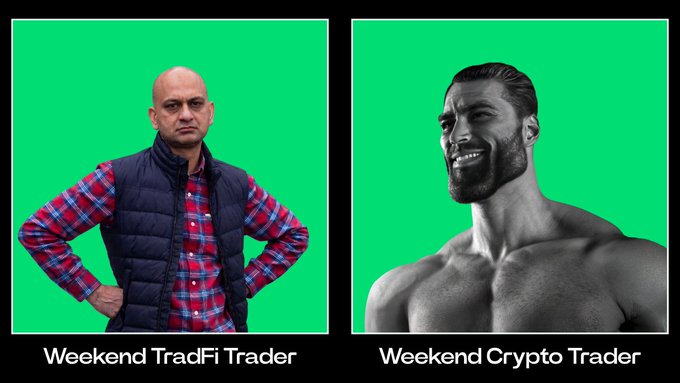 A side-by-side meme image contrasting a 'Weekend TradFi Trader' (a man in a plaid shirt and puffer vest looking displeased) with a 'Weekend Crypto Trader' (a smiling, muscular man in black and white) against green backgrounds.