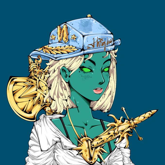 A green-skinned blonde character wearing a "Nuddies" cap and holding a golden horned sword pendant, surrounded by ornate golden accessories, representing a meaningful NFT collectible cherished for its sentimental value.
