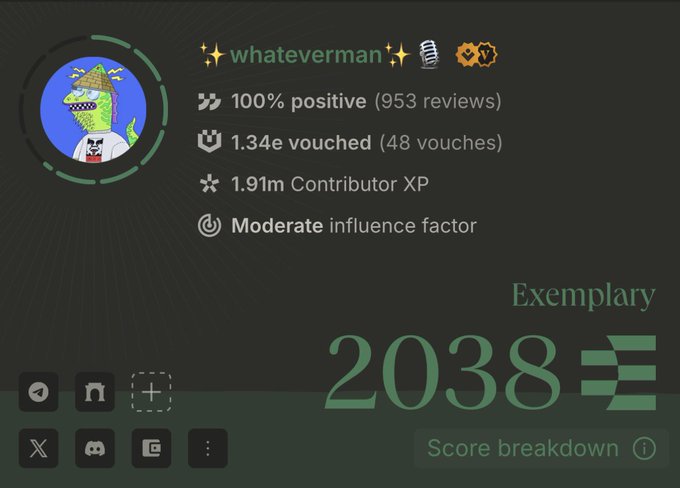 A user profile on Ethos Network displaying the username "whateverman" with a 100% positive rating from 953 reviews, 1.34e vouched credibility, 1.91m Contributor XP, and an "Exemplary" tier with a score of 2038, shown to address critics questioning the value of building reputation on the platform.