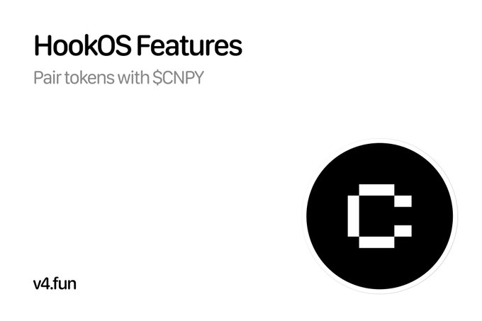 A presentation slide titled “HookOS Features” says “Pair tokens with $CNPY” and shows the black HookOS logo with “v4.fun” in the corner.