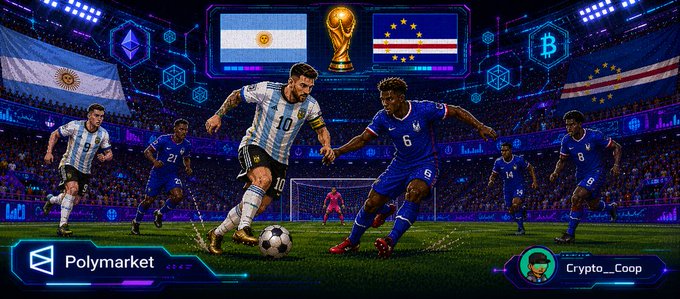 Promotional graphic for Polymarket featuring an Argentina vs. Cape Verde World Cup match, branded with 'Crypto_Coop' username.