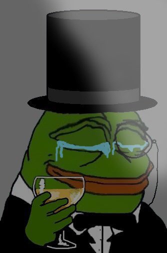 A digital illustration of the 'Sad Pepe' character—a green frog wearing a black top hat, monocle, and tuxedo, holding a glass of wine with tears streaming down its face.