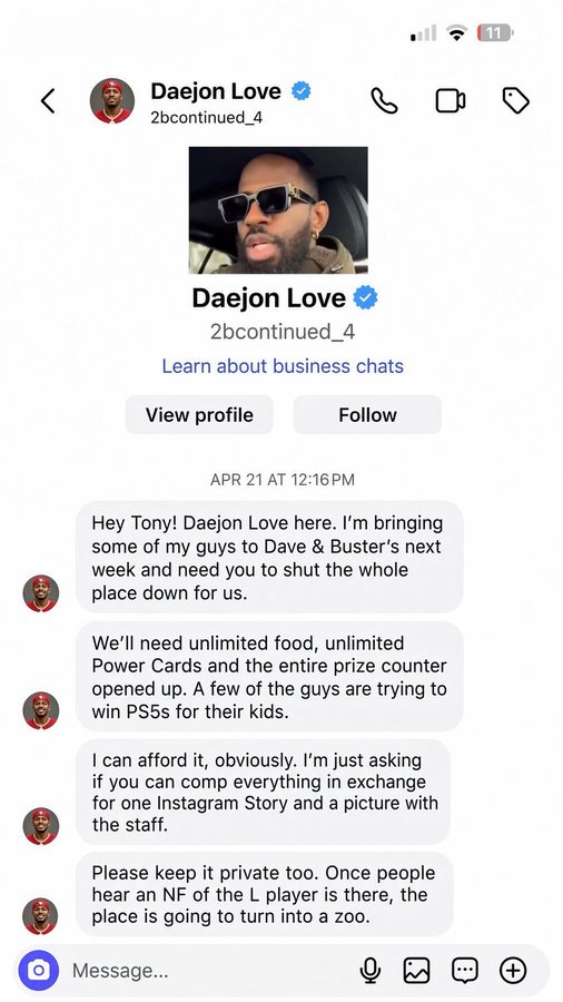 Screenshot of an Instagram DM from "Daejon Love" (@2bcontinued_4) requesting to shut down Dave & Buster's for a private event in exchange for an Instagram Story and photo with staff.
