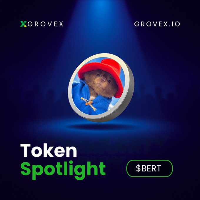 The image features a cute brown Pomeranian wearing a red hat, which appears to be the main subject of the photo. The background of the image is dark blue with white text that reads "Token Spotlight" followed by "BERT". Below this, there's an image of the Pomeranian in a hat and a caption stating "BERT coincto Bertram the Solana meme!". This combination of elements suggests that the image might be related to a token or NFT collection featuring the Pomeranian character.