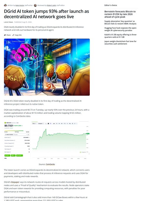 A news article screenshot headlined 'DGrid AI token jumps 93% after launch as decentralized AI network goes live,' featuring a CryptoSlides cartoon and a CoinGecko price chart for the DGA1 token.