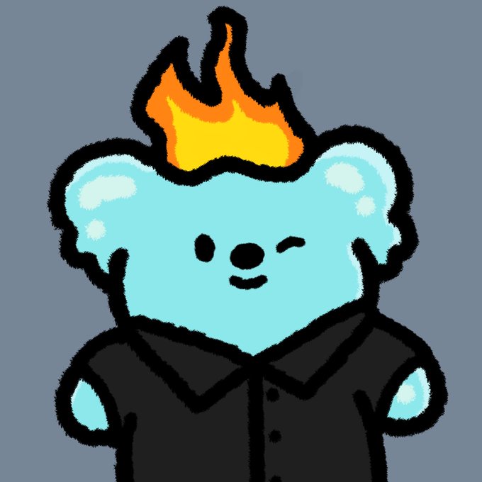 A cartoon illustration of a blue bear character with a flame on its head wearing a black shirt.