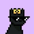 A pixel art image of a dark figure wearing a top hat with a yellow band against a light purple background.
