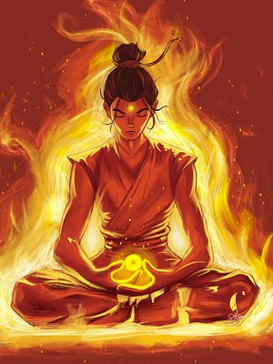 Digital artwork of a meditating figure in a red robe surrounded by flames, holding a glowing yellow orb in their hands against a fiery red background.
