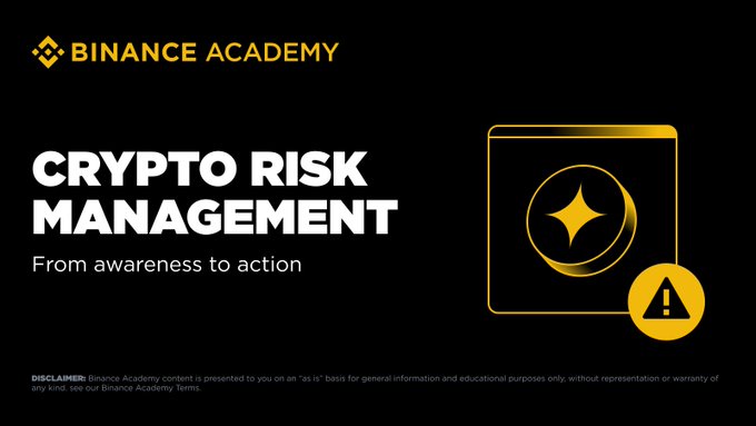 A Binance Academy promotional graphic titled "Crypto Risk Management – From awareness to action," featuring a black background with gold and white design elements including a wallet icon and warning symbol, which serves as the course cover image for Binance Academy's new educational program covering crypto risk categories, wallet security, DeFi threats, and compliance response.