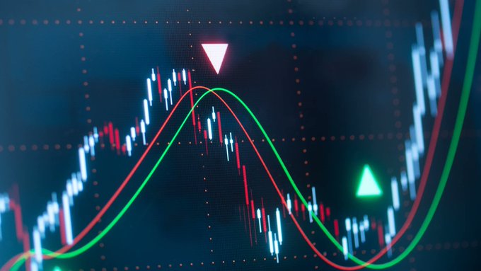 A financial chart displays candlestick price action overlaid with red and green moving average curves, featuring a downward-pointing triangle marker at a peak and an upward-pointing triangle marker in a lower region, visually representing the low volatility (VIX/BVOL) conditions and potential market breakout discussed in Jackis' Nest 112.