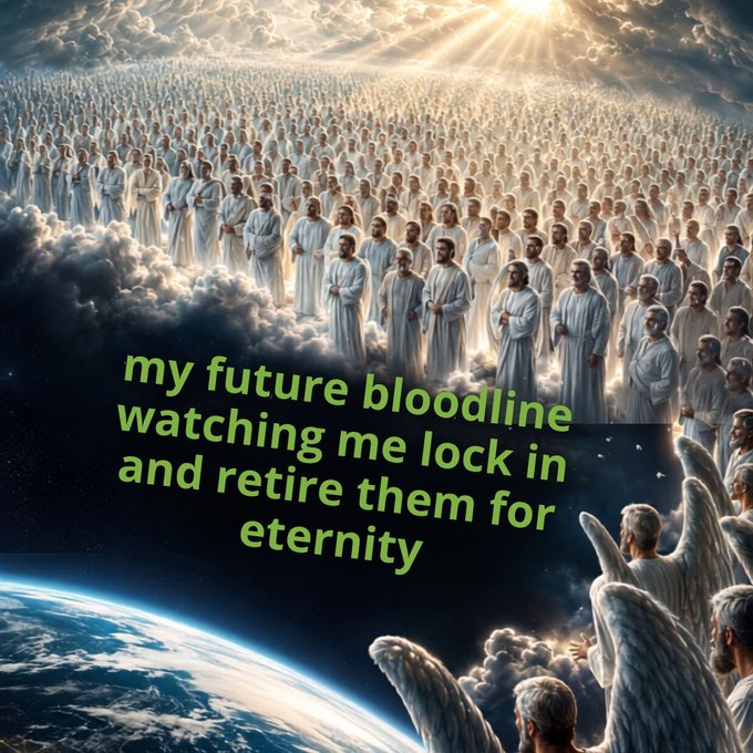 An AI-generated heavenly image showing a massive crowd of people in white robes standing on clouds, with green text overlay reading 'my future bloodline watching me lock in and retire them for eternity'.