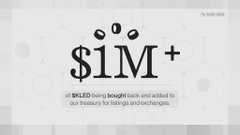 A graphic from KLED (NYSE: KLED) featuring bold "$1M+" text with a small smiley face, announcing that over $1 million has been bought back and added to the company's treasury for listings and exchanges, complementing the announcement of a $1M buyback following a $12M non-exclusive data deal.