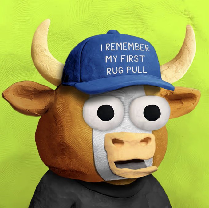 A 3D-rendered brown bull character with large white eyes wears a blue cap that reads "I REMEMBER MY FIRST RUG PULL" against a green background.