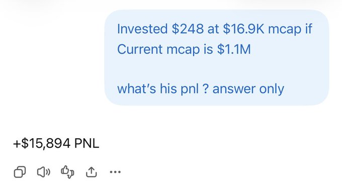 A text message conversation showing a PNL (profit and loss) calculation: an investment of $248 at a $16.9K market cap growing to a $1.1M market cap, yielding a +$15,894 PNL—supporting the caption's claim of someone making five figures from a small initial investment.
