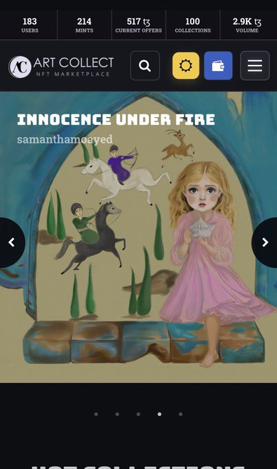 A screenshot of the ArtCollect NFT marketplace showing an artwork titled 'INNOCENCE UNDER FIRE' by samanthamcocyed, with stats showing 183 users, 214 mints, and 517 ETH in current offers.