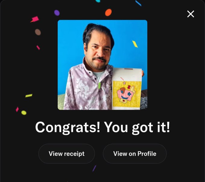 A man proudly displays a yellow NFT artwork featuring a cartoon character with a star, displayed above a "Congrats! You got it!" message on a dark background with colorful confetti and "View receipt" and "View on Profile" buttons, celebrating a successful NFT mint from the @dhirajleg collection.