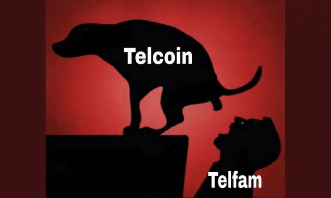 A meme image featuring a dark silhouette of a dog standing on a pedestal against a red background, with the word 'Telcoin' written on its side. Below, a smaller silhouette of a person looks up at the dog, labeled 'Telfam'.