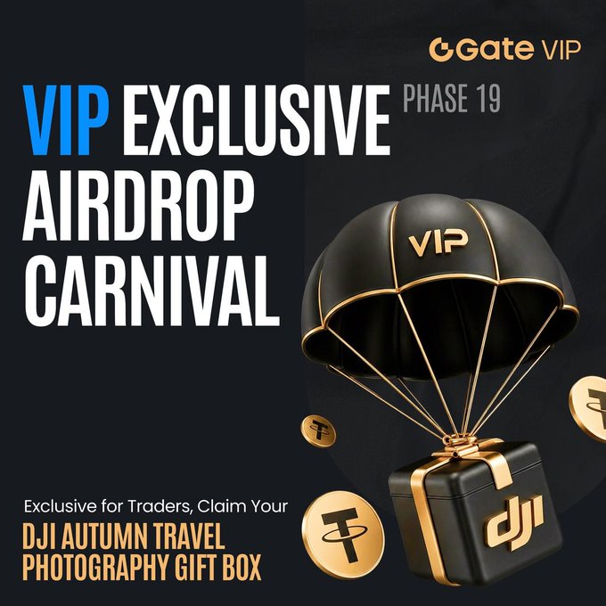A promotional graphic for Gate.io's "VIP Exclusive Airdrop Carnival Phase 19," featuring a black and gold parachute VIP gift box with a DJI-branded package and floating USDT coins, advertising an exclusive "DJI Autumn Travel Photography Gift Box" reward for traders.