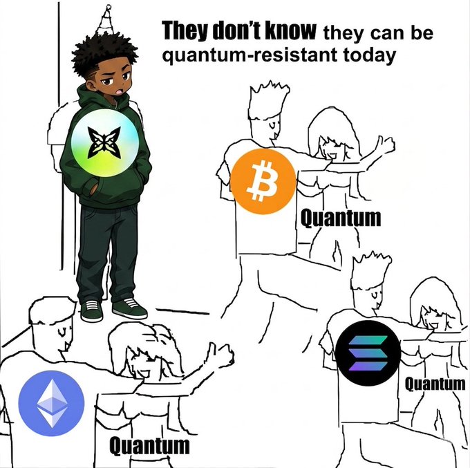 The image features a cartoon depiction of a group of people standing around each other with various logos or symbols on their shirts. The main focus of the image is a boy wearing a green jacket, holding a butterfly-shaped coin that says "Quantum" on it. Another person in the scene has an orange coin with the word "Quantum" written on it. There are also four other people standing around them, each with different logos or symbols on their shirts. The image seems to be related to a post discussing the concept of Quantum security and how it can sometimes require users to move their funds to maintain their security.