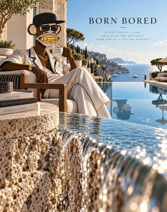 A gold-grilled, sunglasses-wearing Bored Ape mascot lounges poolside at a Mediterranean cliffside villa, captioned "BORN BORED — Every perfect line revealed the distance from which it became perfect." The post's midweek Web3 motivational message mirrors the image's luxe "leisure" theme ("A Higher View / The Distance Within / Modern Leisure" on the stacked books), embodying the laid-back confidence of "winning on a Wednesday."
